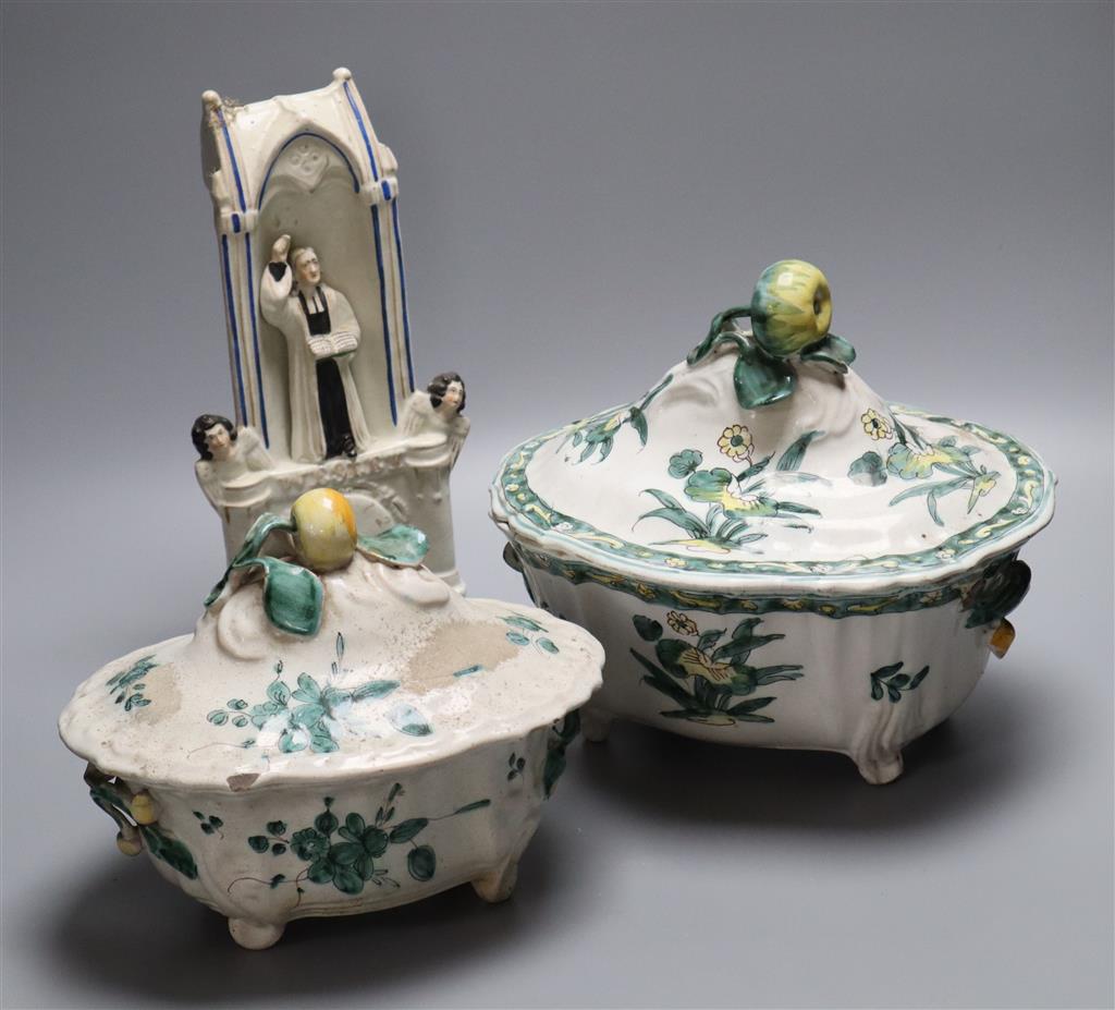 Two 19th century French faience tureens and covers and a Staffordshire pottery group, height 28cm